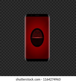 Red Fingerprint scan icon on the smartphone screen, security symbol. Vector illustration