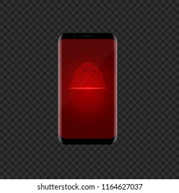 Red Fingerprint scan icon on the smartphone screen, security symbol. Vector illustration