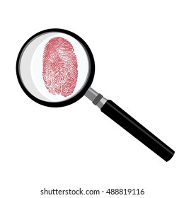 Red fingerprint through magnifying glass vector illustration. Criminalistics research