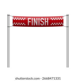 Red finish banner stretched between two poles, isolated on white. Race completion concept, sports achievement, victory symbol.