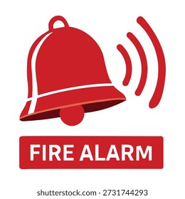 A red fire alarm bell is depicted, with sound waves emanating from it, and the words "FIRE ALARM" below.