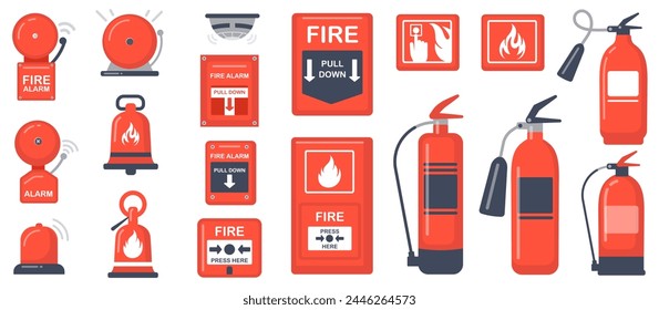 Red fire alarm bell icon set