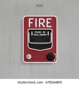 Red fire alarm switch on gray concrete background. Vector illustration.