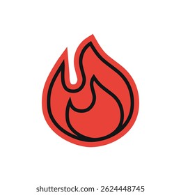 Red fire with black outline illustration symbol vector design. Simple flat sticker.