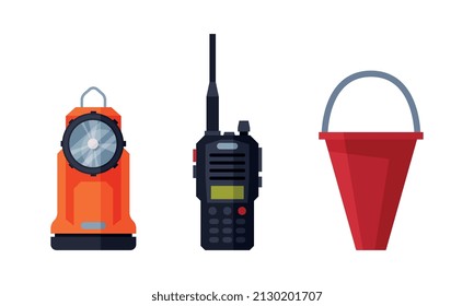 Red Fire Bucket and Walkie Talkie as Firefighting Equipment Vector Set