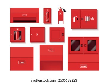 Red fire cabinets sand hose and extinguisher flame protection set realistic vector illustration. Flammable security assistance burning urgency spraying shielding extinguishing safety equipment