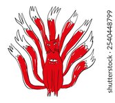 Red fire colours vector abstract illustration of Japanese fantasy mythology cartoon creature nine tailed fox hand-drawn pencil or pen paintbrush texture clipart