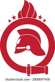 Red fire department logo, with a helmet and an ornamental shield