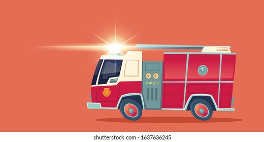 Red Fire Engine, Emergency Rescue Truck With Ladder And Flasher Siren Light. Vector Cartoon Illustration Of Firefighter Vehicle Side View Isolated On Red Background