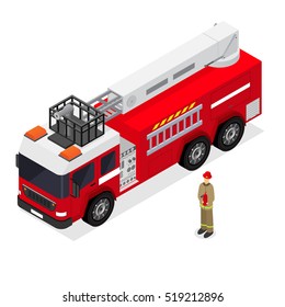 Red Fire Engine and Firefighter in Uniform Isometric View. Emergency Transport Auto. Vector illustration