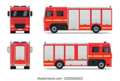 Red fire engine firetruck firefighter car front back side view mock up realistic vector illustration. Emergency automobile for fireman transportation security aid assistance ladder flasher and hydrant