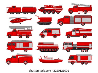 Red Fire Engine or Motor Firefighting Emergency Vehicle or Firetruck with Firehose and Ladder Big Vector Set
