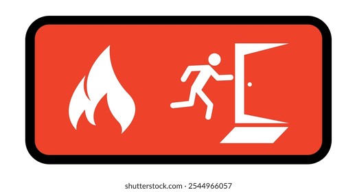 Red fire exit sign with a running figure and flame icon. Symbol for emergency fire escape routes.