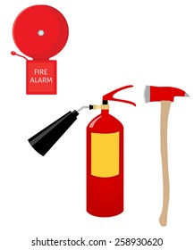 Red fire extinguisher, alarm bell and axe vector set