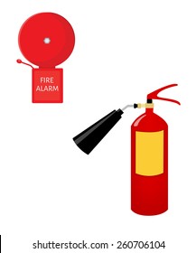 Red fire extinguisher and alarm bell vector set isolated