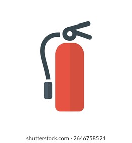 Um extintor de incêndio vermelho com mangueira e alavanca cinza escuro, representado como um ícone plano em um fundo branco. Ideal para educação de segurança ou materiais de preparação para emergências.