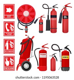 Extintor de fuego rojo. Herramientas para extinción de incendios para ilustraciones vectoriales de protección contra llama de diversos tipos de extintores. Señal de extinción de instrucciones de incendio