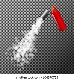 Red fire extinguisher with foam bubbles in action. Vector illustration.