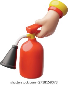 Extintor de incêndio vermelho em mão 3D cartoon plástico estilo ícone vetor. Extintor de incêndio de dióxido de carbono com bocal. Equipamento portátil para a supressão de incêndios. Prevenção de ignição de ferramentas de emergência