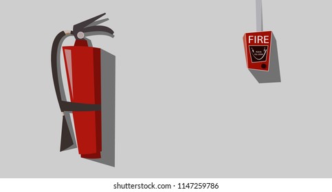 Red fire extinguisher hanging on the wall. Fire alarm. Flat vector illustration.