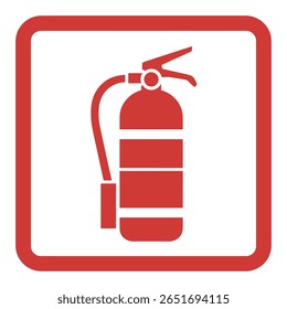 Ícone vermelho do extintor de incêndio posicionado centralmente dentro de um quadro quadrado vermelho contra um plano de fundo branco simples