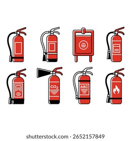 Ícones vermelhos do extintor de incêndio Prevenção de segurança e gráficos de resposta de emergência
