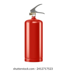 Extintor de fuego rojo aislado en fondo blanco. Equipo portátil de extinción de incendios del departamento de bomberos. Herramienta o instrumento profesional. Ilustración vectorial 3D realista