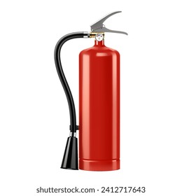 Extintor de fuego rojo con boquilla aislada sobre fondo blanco. Equipo portátil de extinción de incendios del departamento de bomberos. Herramienta o instrumento profesional. Ilustración vectorial 3D realista