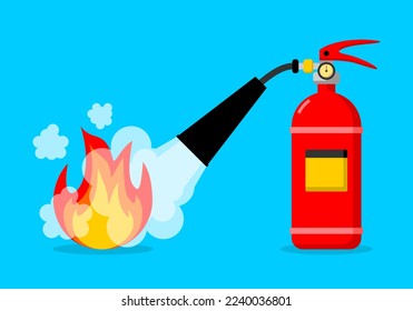 Red fire extinguisher rescue tool  to extinguish fire on blue background icon flat vector design.