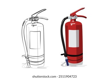 Ilustración vectorial roja del extintor de incendios con el bosquejo de la línea al lado.