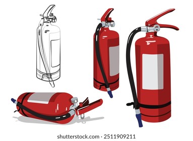 Extintores de incêndio vermelhos diferentes posições e esboço de linha. Vetor plano isométrico 3D ilustração conceitual de extintores de incêndio. Esboços de linha isolados sobre fundo branco.