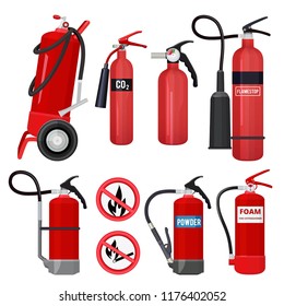 Red fire extinguishers. Firefighters tools for flame fighting attention colored vector symbols for fire station. Illustration of equipment safety, extinguisher protection