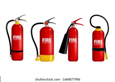 Red Fire extinguishers.  Firefighters tools for flame fighting attention colored vector symbols for fire station.