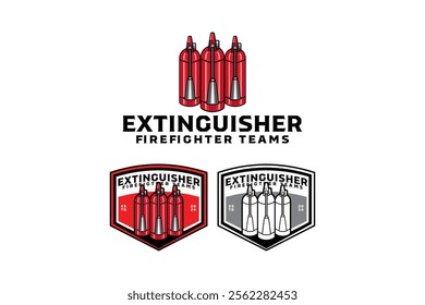 red fire extinguishers modern colorful and outline logo design. red fire extinguisher with flame burning badge logo design set. for rescuer, survivor, patrol, safety equipment store and department 