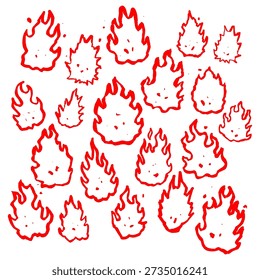 Red fire flame doodle pattern set. Hand drawn burning elements and small fire sparks for spicy food branding, hot sauce labels, and creative graphic design.