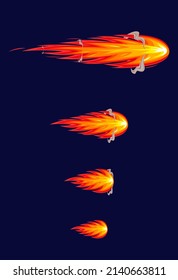 Red fire flame shot with smoke. Flat red flame sprite sheet. Comet. Animation for cartoon or game. Vector