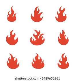 Red fire flames silhouettes set. Flat red fire icons isolated on white background