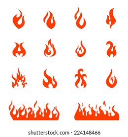 Rote Feuer-Flachsymbole und Piktogramme einzeln auf weißem Hintergrund für Gefahrenkonzept oder Logo-Design