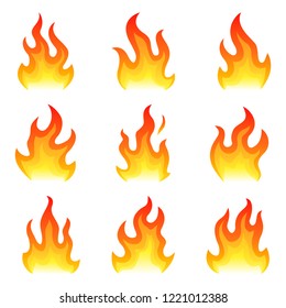 Red fire flat icons set isolated on white background for danger concept or logo design. Flame set and red fire set.