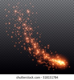 Red or fire glittering star dust trail sparkling particles on transparent background. Magic glittering path. Vector glamour fashion illustration.