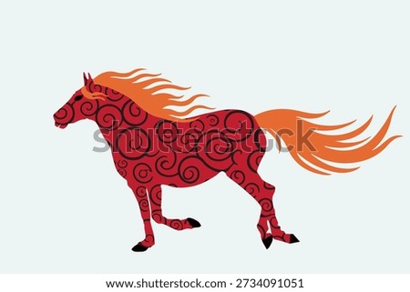 Red Fire Horse isolated on white background, side view. Mustang with orange flames mane, black swirls. Firey steed drawn icon, Chinese New Year symbol, profile view. Wild stallion run, vector design element eps 10