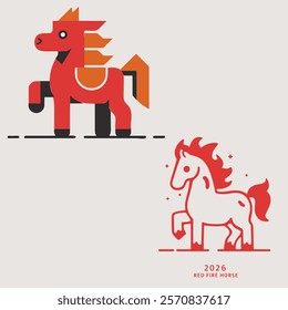 Red fire horse silhouette as a symbol of the year 2026. Vector minimalist logo, line flat art, red outline