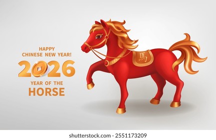 Red Fire Horse ist ein Symbol für das chinesische Neujahr 2026. Realistische 3D-Figur des rot-goldenen Pferdes auf weißem Hintergrund. Feiertagsvektorgrafik des Sternzeichen. Chinesische Übersetzung: Pferd