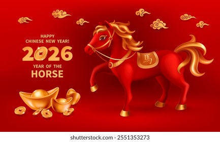 Red Fire Horse is a symbol of the 2026 Chinese New Year. 3d figure of Horse with gold ingots Yuan Bao, coins on red background. Holiday vector illustration of Zodiac Sign. Chinese translation: Horse