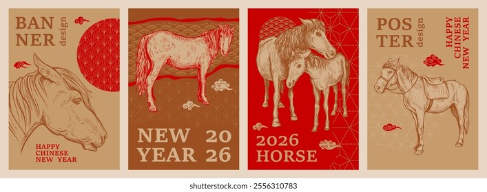 Red Fire Horse is a symbol of the 2026 Chinese New Year. Set of templates for banner and poster design with hand drawn Horses. Holiday vector illustration of Zodiac Sign