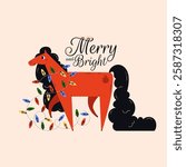 Red fire horse, symbol of Chinese New Year 2026. Animal with colorful light bulbs and garlands. Text Merry and Bright. Celebration. Poster, print, card. Vector illustration.