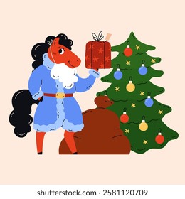 Red fire horse, symbol of Chinese New Year 2026. Animal with green Christmas tree, decorations, present box and bag. Celebration. Poster, print, card. Vector illustration.