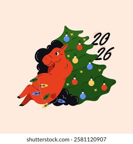 Red fire horse, symbol of Chinese New Year 2026. Animal with green Christmas tree and decorations. Celebration. Poster, print, card. Vector illustration.