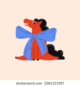 Red fire horse, symbol of Chinese New Year 2026. Animal with big blue bow. Happy Holidays. Celebration. Poster, print, card. Vector illustration.