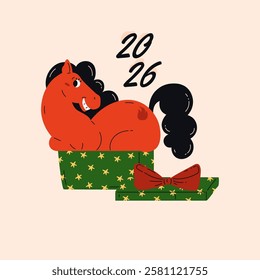 Red fire horse, symbol of Chinese New Year 2026. Animal with green present box and bow. Celebration. Poster, print, card. Vector illustration.